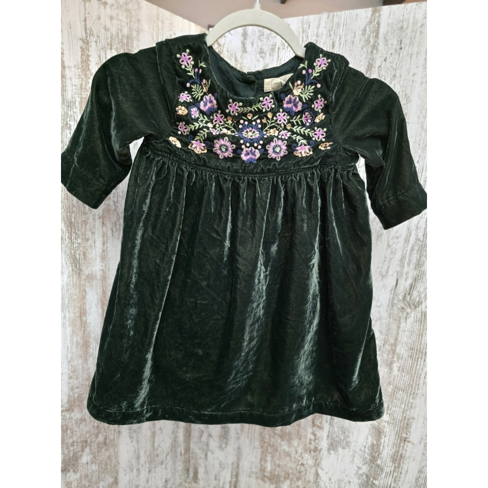 PEEK Girls Dark Green Floral Velvet Embroidered Long Sleeve Dress Size 4/5